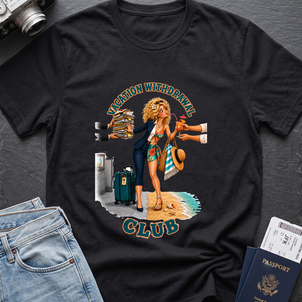 Vacation Withdrawal Club pt. II T-Shirt in Black, front view.