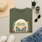 Floral Camper Van 2 T-Shirt in Military Green, folded front flat lay.
