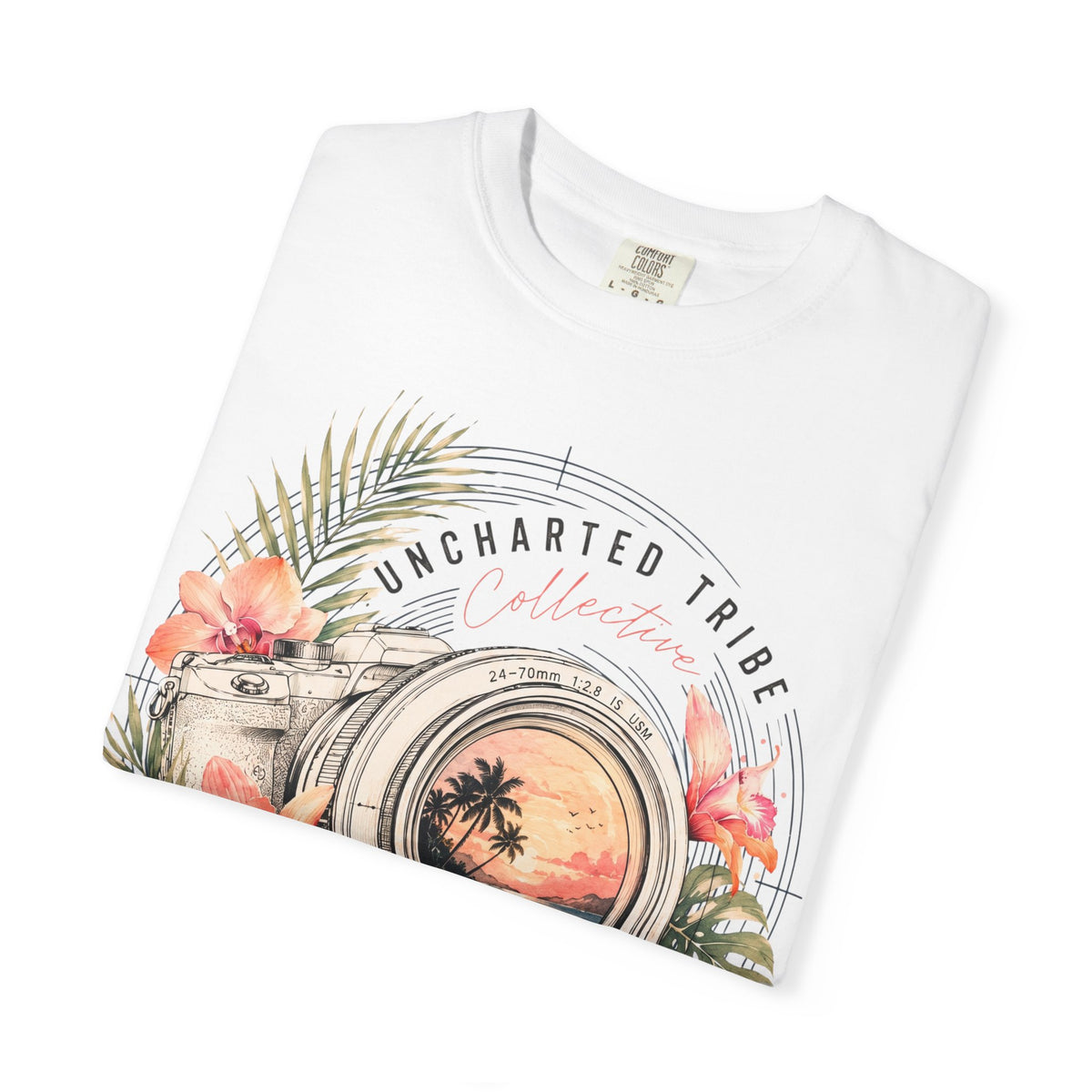Floral Camera T-shirt in White, folded front detail.
