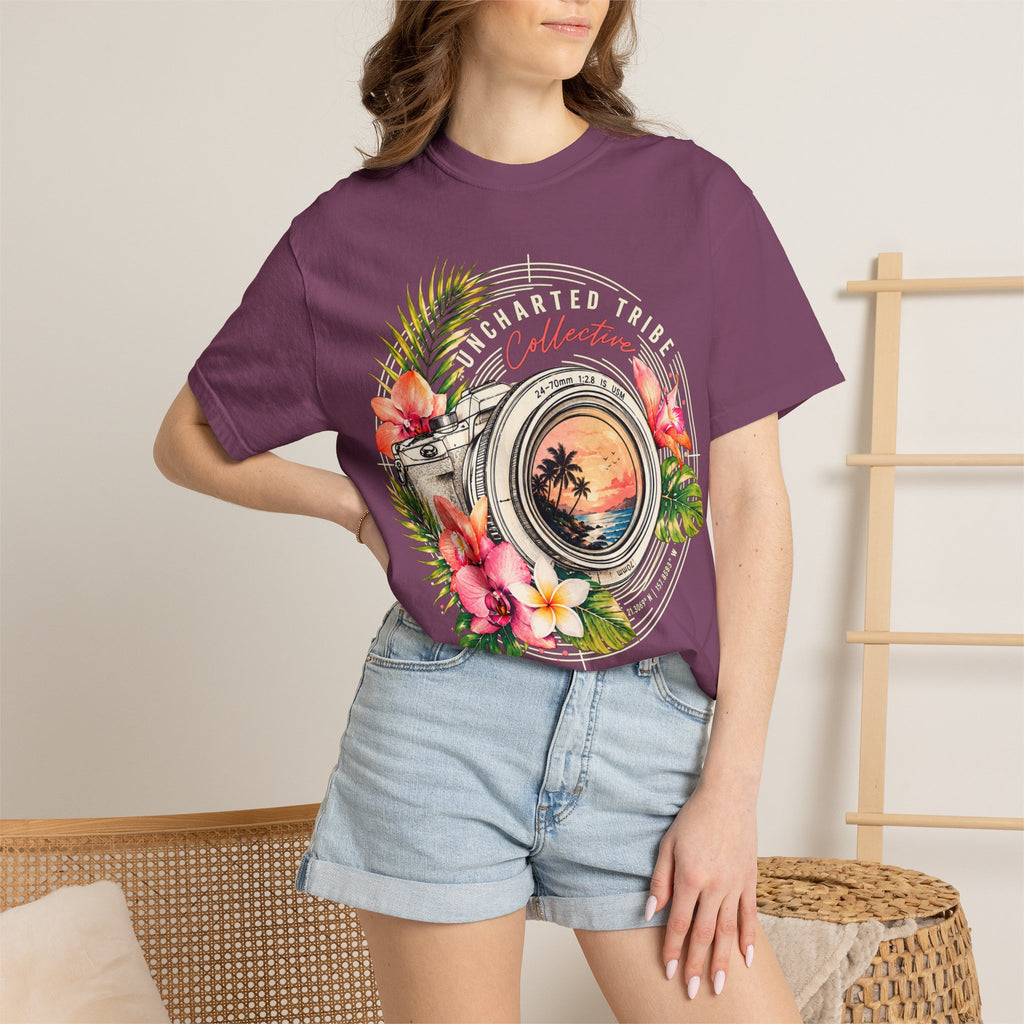 Floral Camera T-shirt in Berry, front view on a standing model.