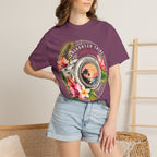 Floral Camera T-shirt in Berry, front view on a standing model.