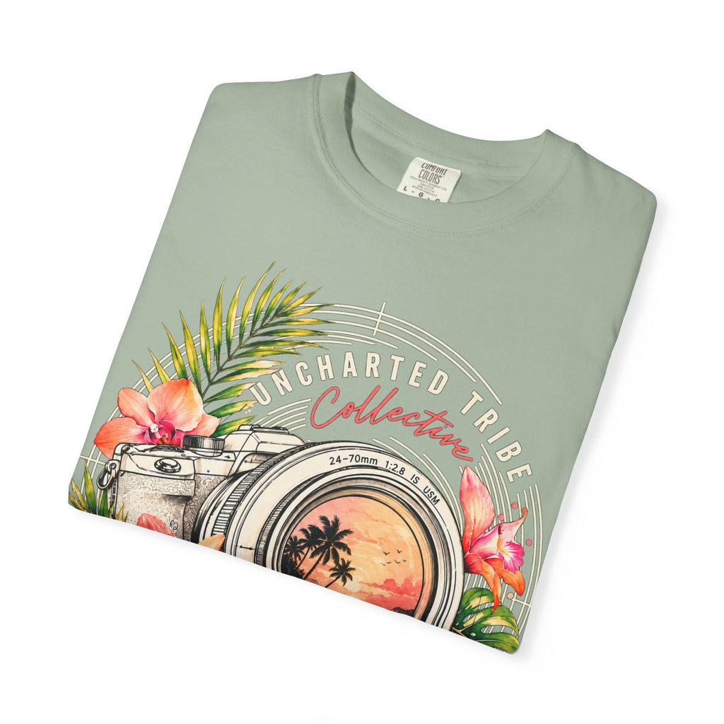 Floral Camera T-shirt in Bay, folded front detail.