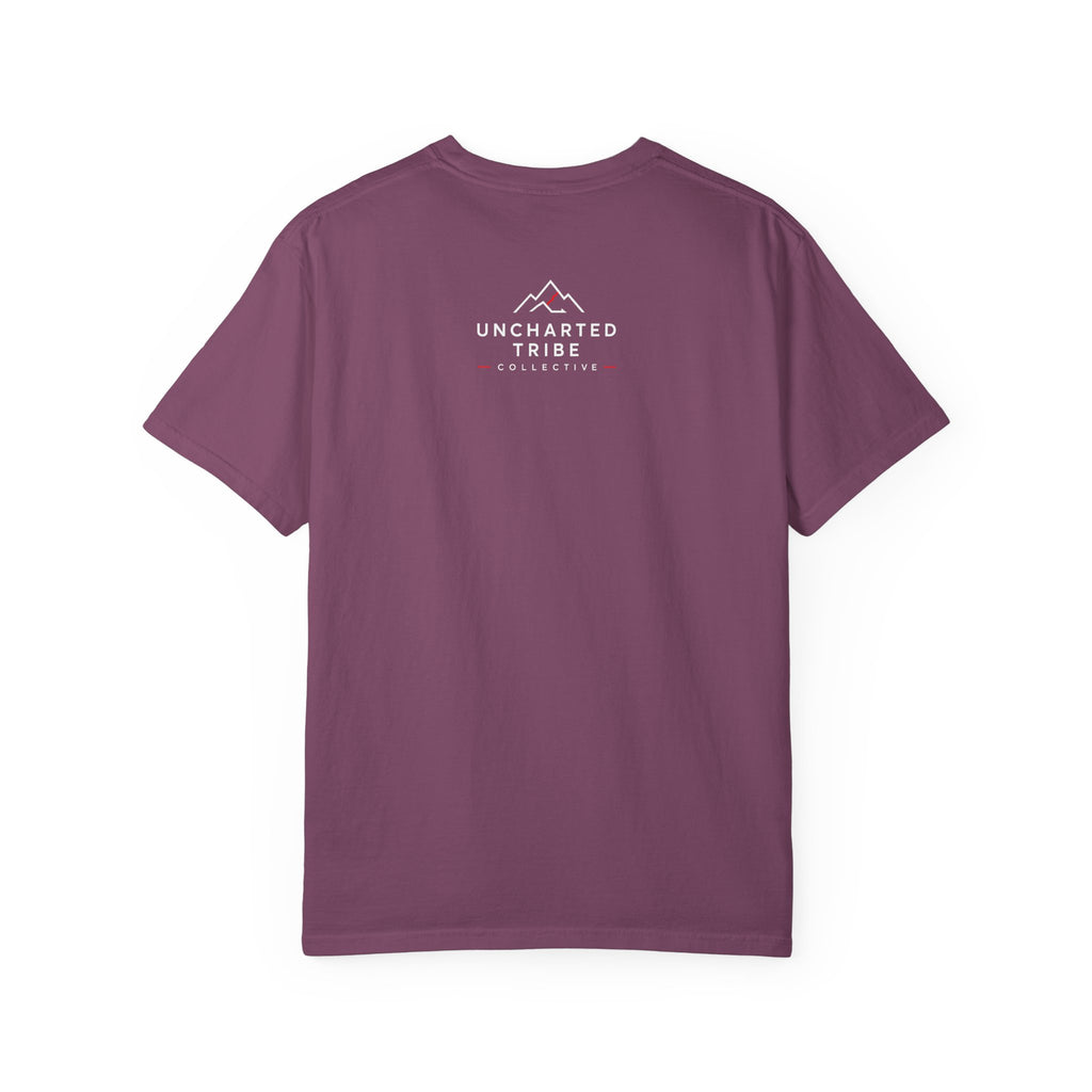 Floral Camera T-shirt in Berry, back view with a small upper-back logo.