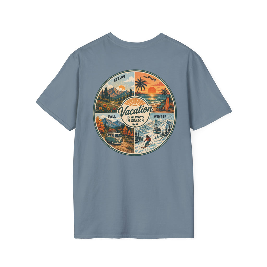 Vacation is Always in Season T-Shirt in Stone Blue, back view.