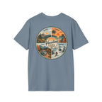 Vacation is Always in Season T-Shirt in Stone Blue, back view.