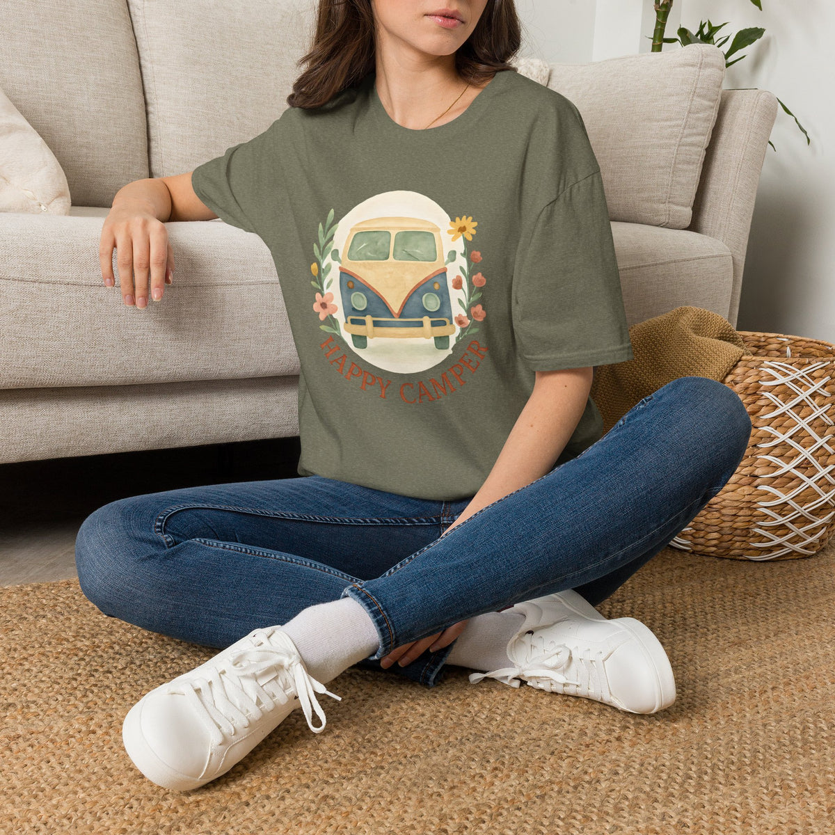 Floral Camper Van 2 T-Shirt in Heather Military Green, front view on a seated model.