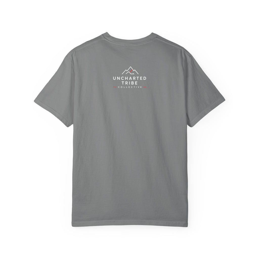 Floral Camera T-shirt in Grey, back view with a small upper-back logo.