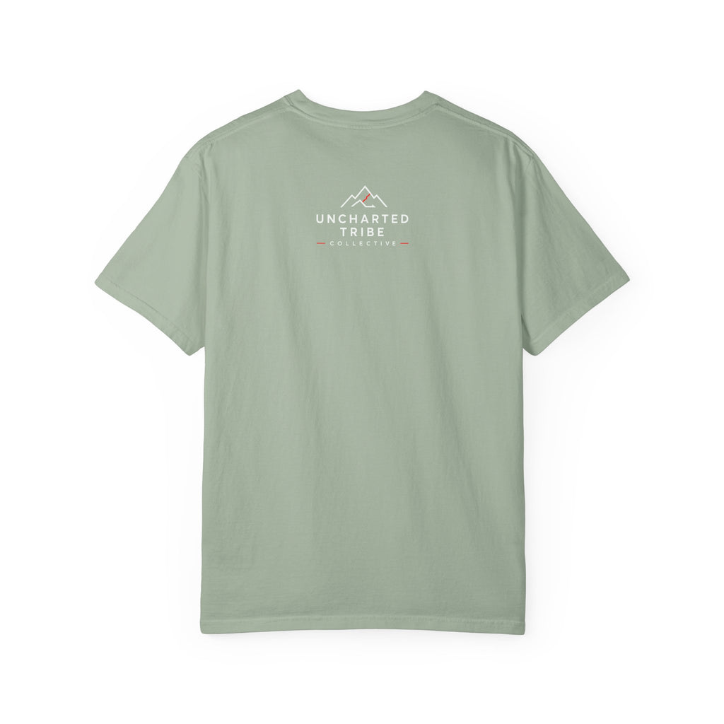 Floral Camera T-shirt in Bay, back view with a small upper-back logo.