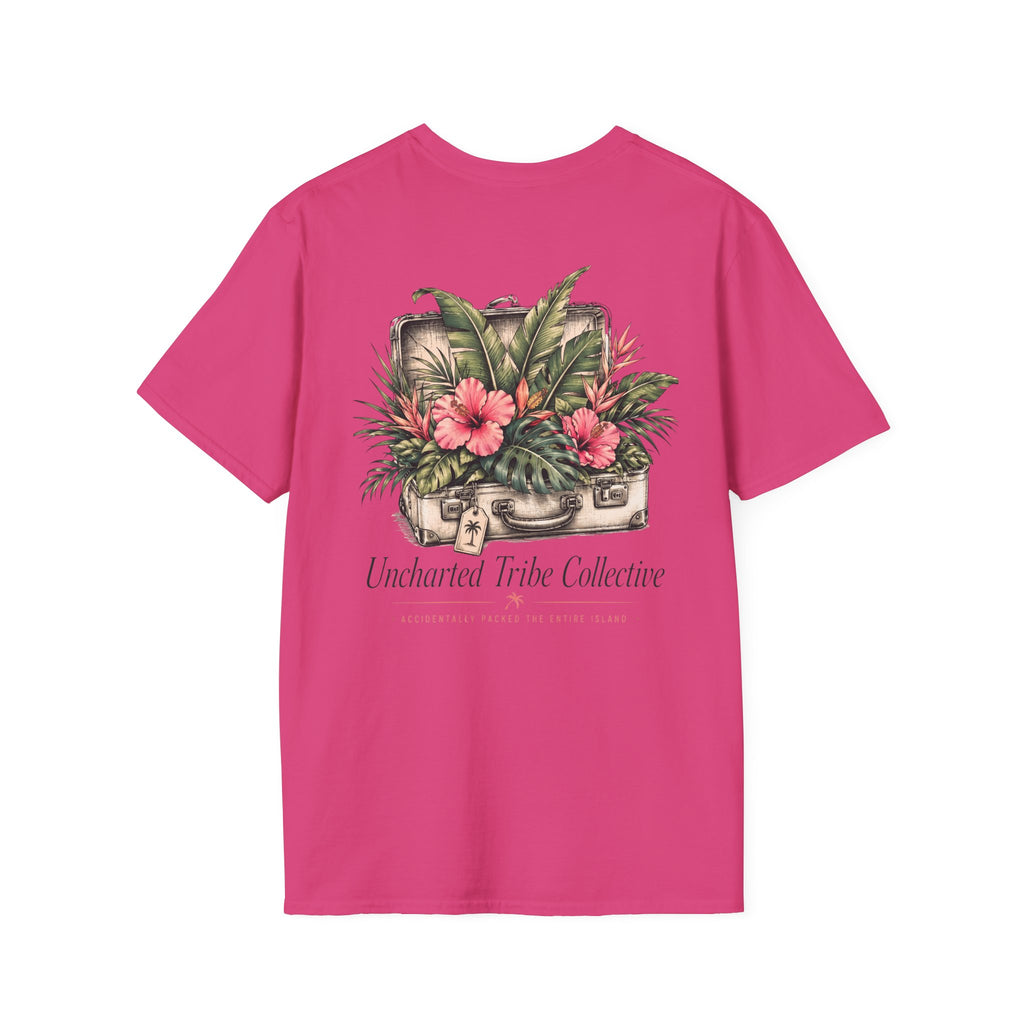 Packed the Island T-Shirt in Heliconia, back view.