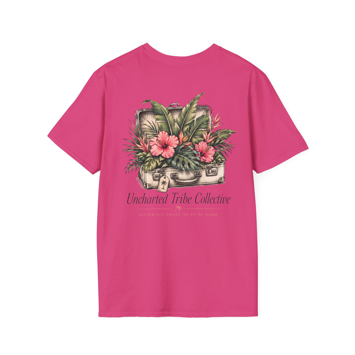 Packed the Island T-Shirt in Heliconia, back view.