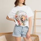 Floral Camera T-shirt in White, front view on a standing model.