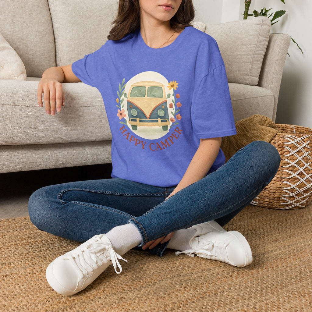 Floral Camper Van 2 T-Shirt in Heather Royal, front view on a seated model.