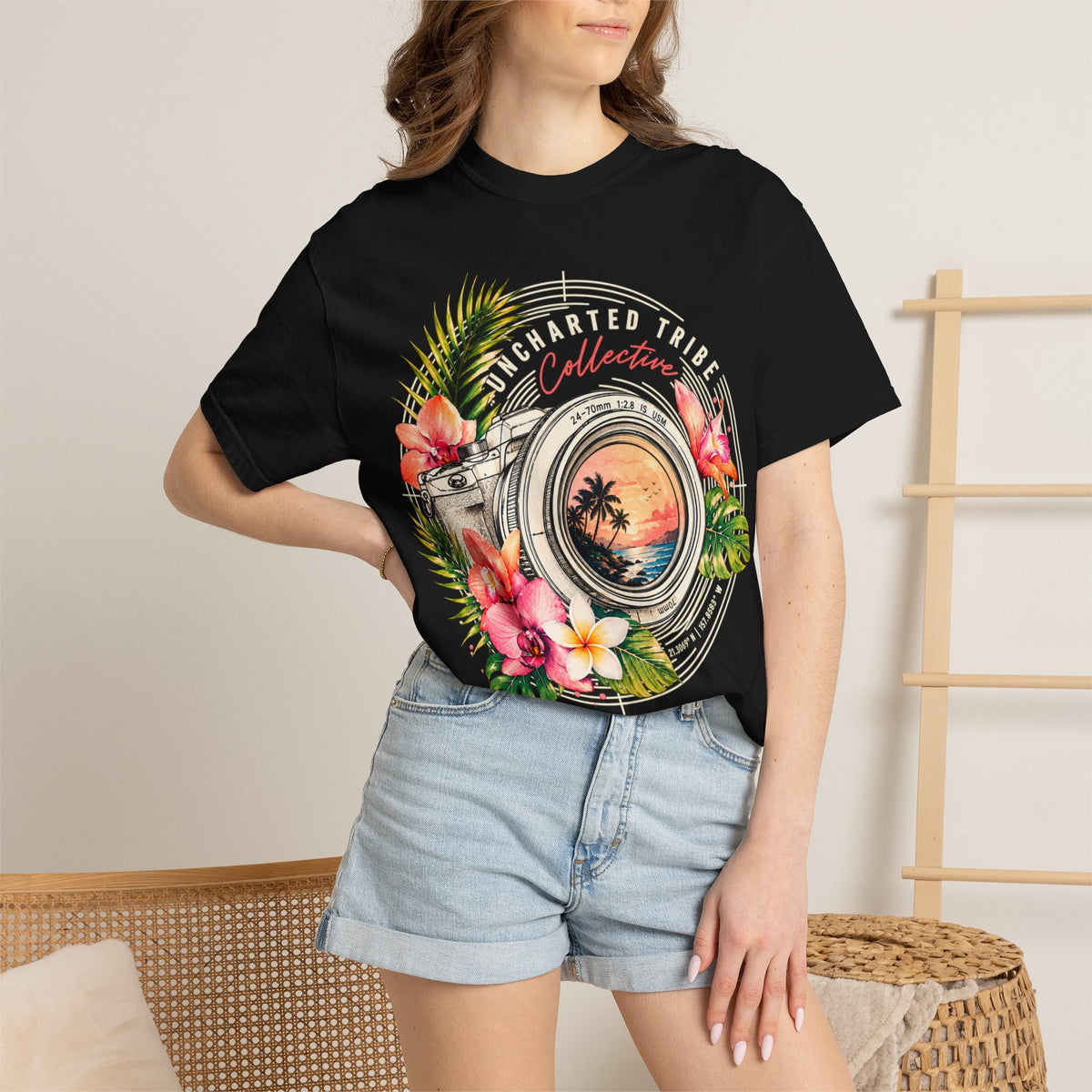 Floral Camera T-shirt in Black, front view on a standing model.