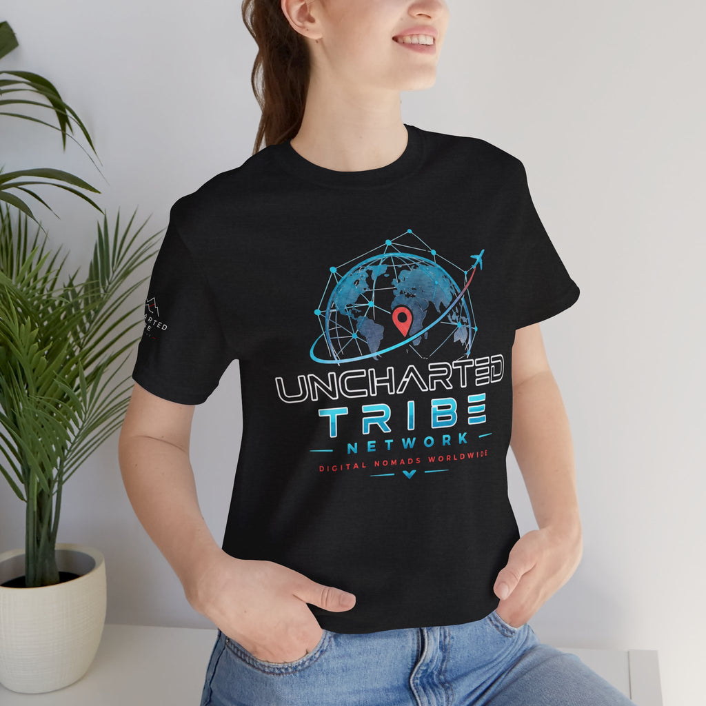 Uncharted Tribe Network — Cyber Unisex Jersey Short Sleeve Tee in Solid Black Blend, front view on a model.