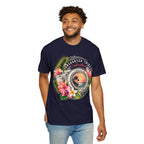 Floral Camera T-shirt in True Navy, front view on a standing model.