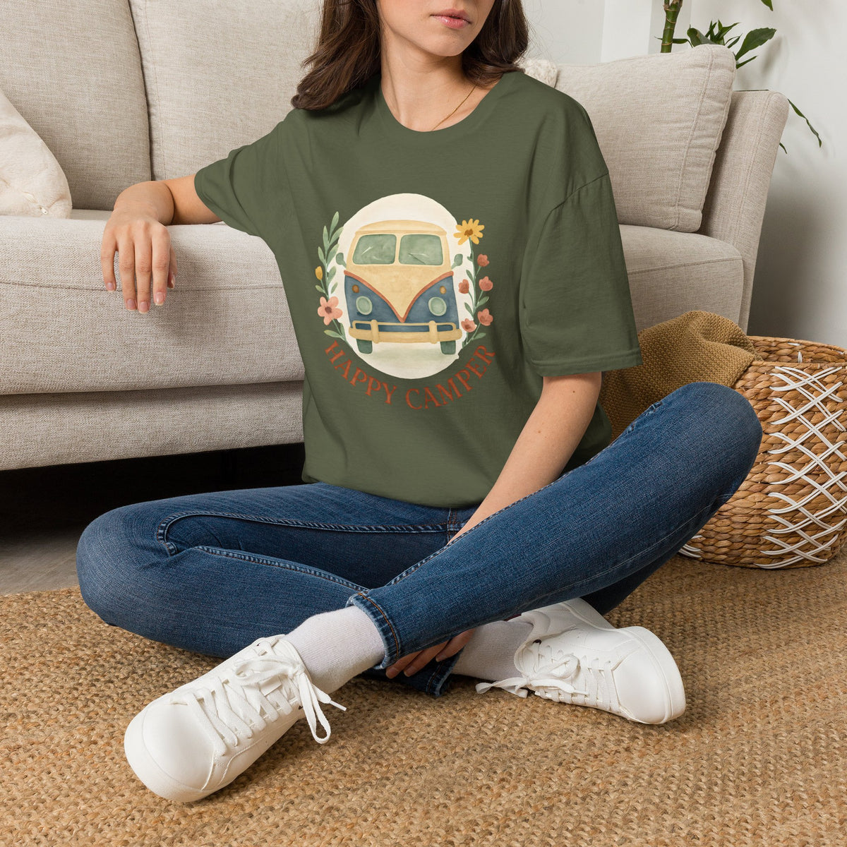 Floral Camper Van 2 T-Shirt in Military Green, front view on a seated model.