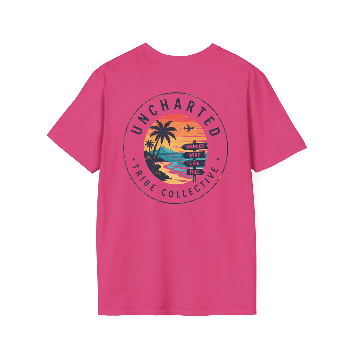 Uncharted Tribe Collective T-Shirt — Shoreline Seal in Heliconia, back view.