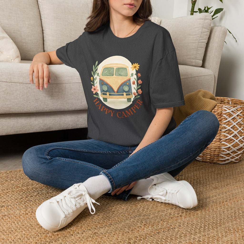 Floral Camper Van 2 T-Shirt in Dark Heather, front view on a seated model.