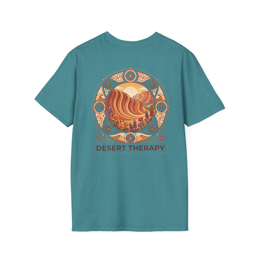 Desert Therapy T-Shirt — Desert Arch in Heather Galapagos Blue, back view.