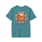 Desert Therapy T-Shirt — Desert Arch in Heather Galapagos Blue, back view.