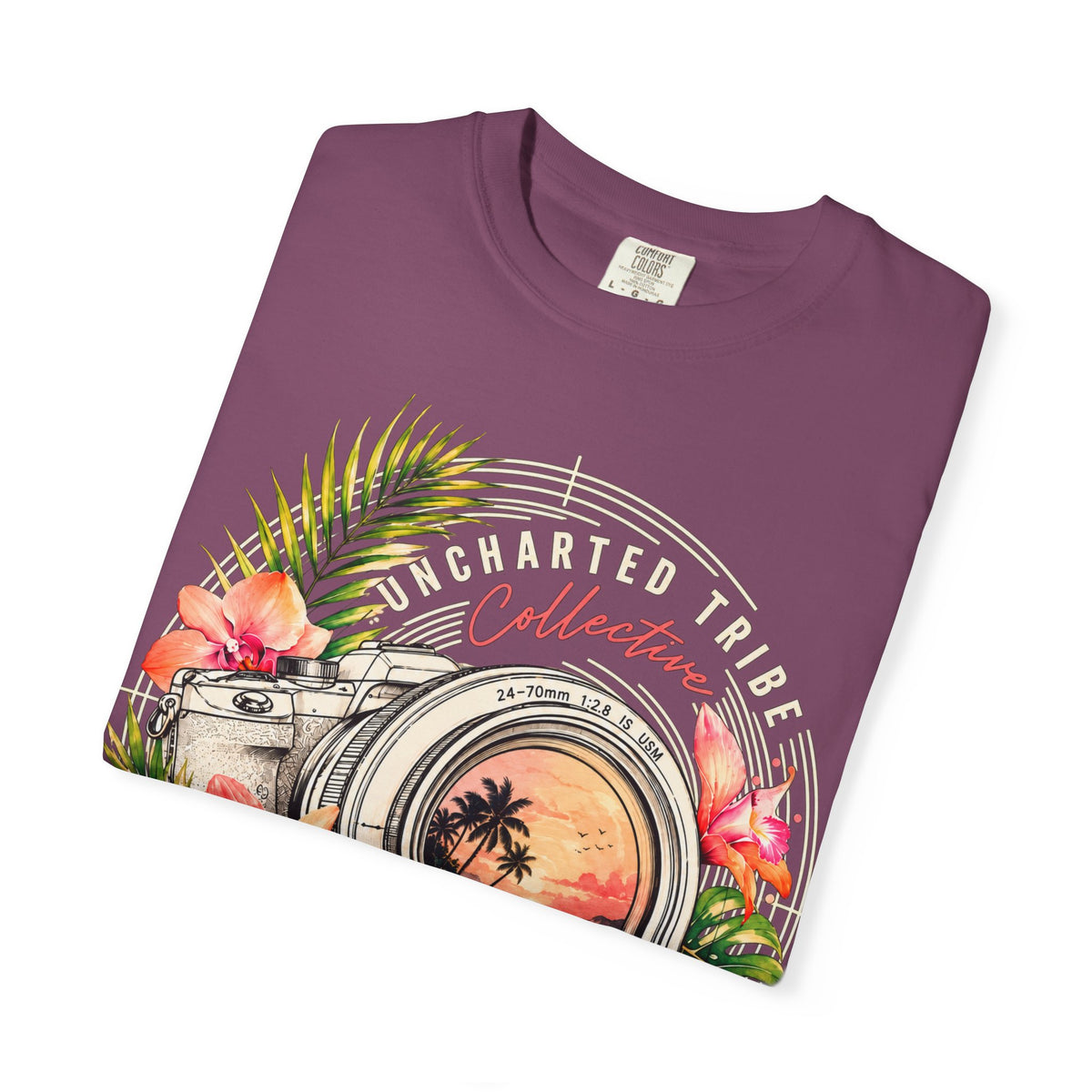 Floral Camera T-shirt in Berry, folded front detail.