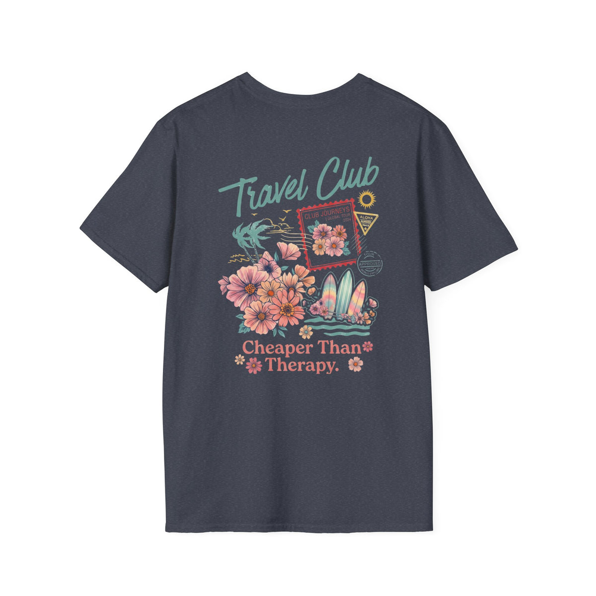 Travel Club T-Shirt in Heather Navy, back view.