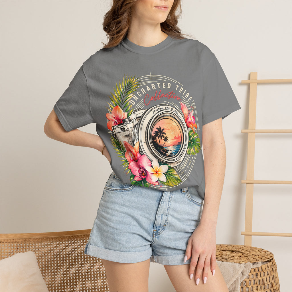 Floral Camera T-shirt in Grey, front view on a standing model.