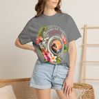 Floral Camera T-shirt in Grey, front view on a standing model.