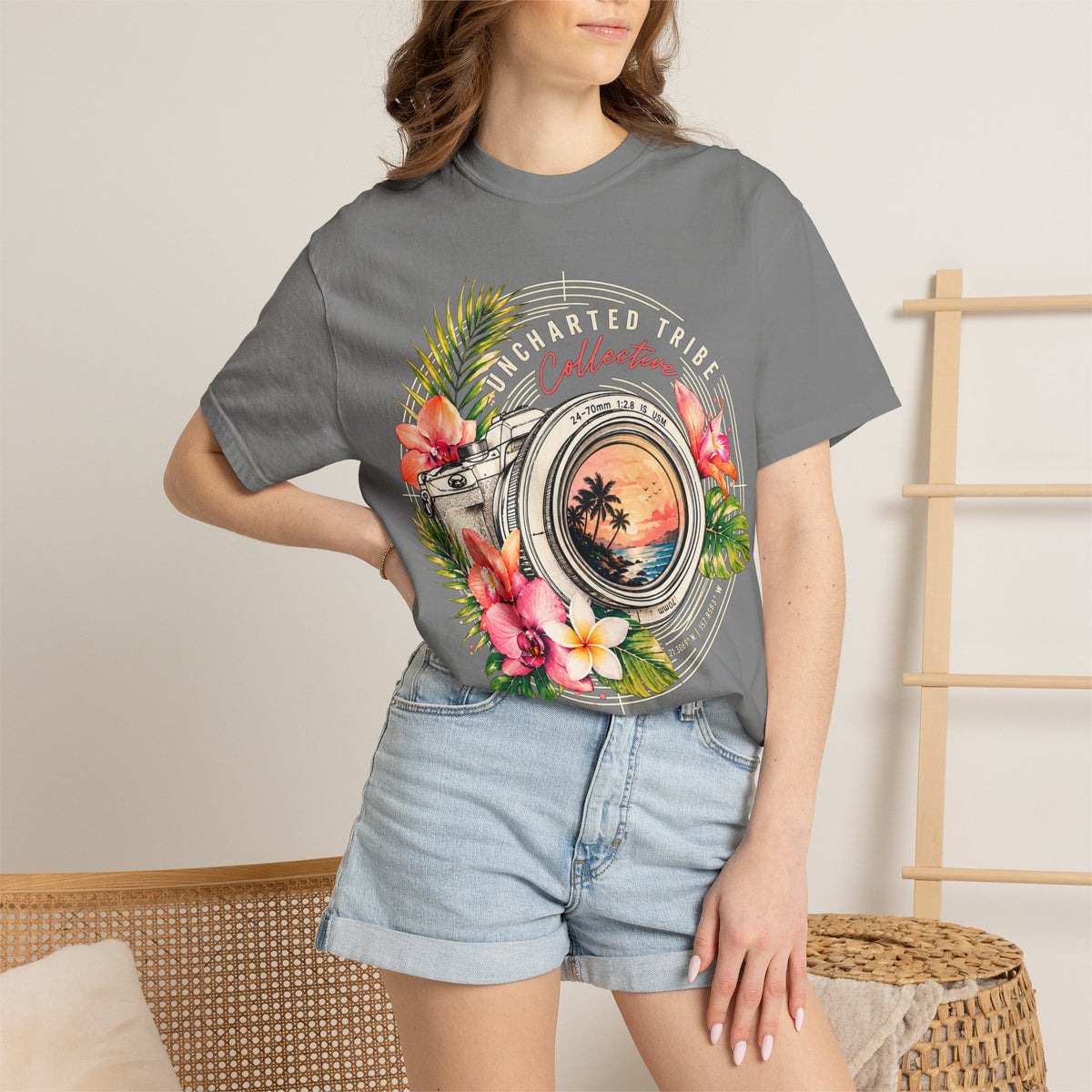 Floral Camera T-shirt in Grey, front view on a standing model.