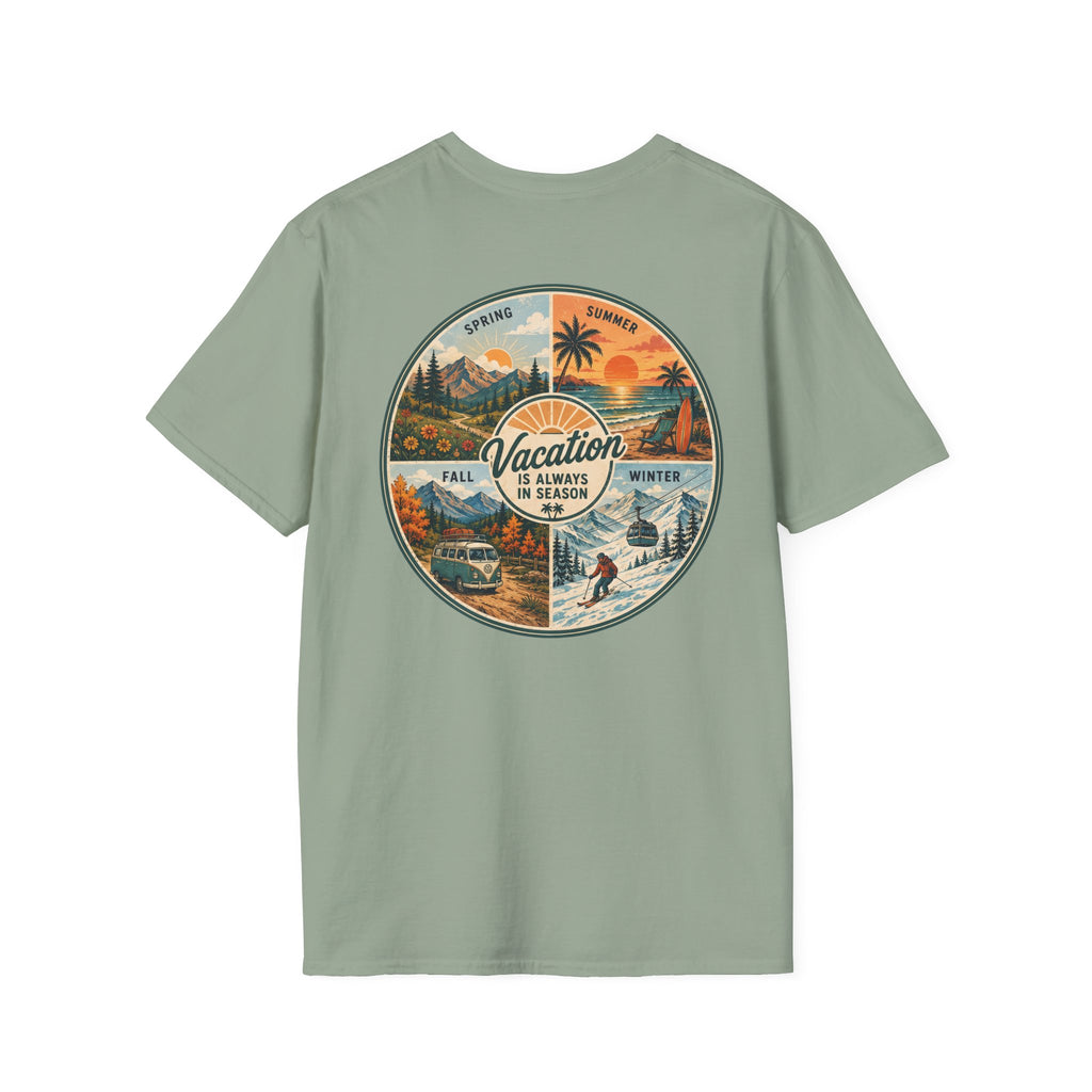Vacation is Always in Season T-Shirt in Sage, back view.