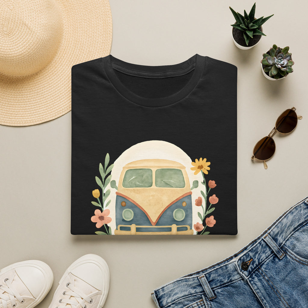 Floral Camper Van 2 T-Shirt in Black, folded front flat lay.