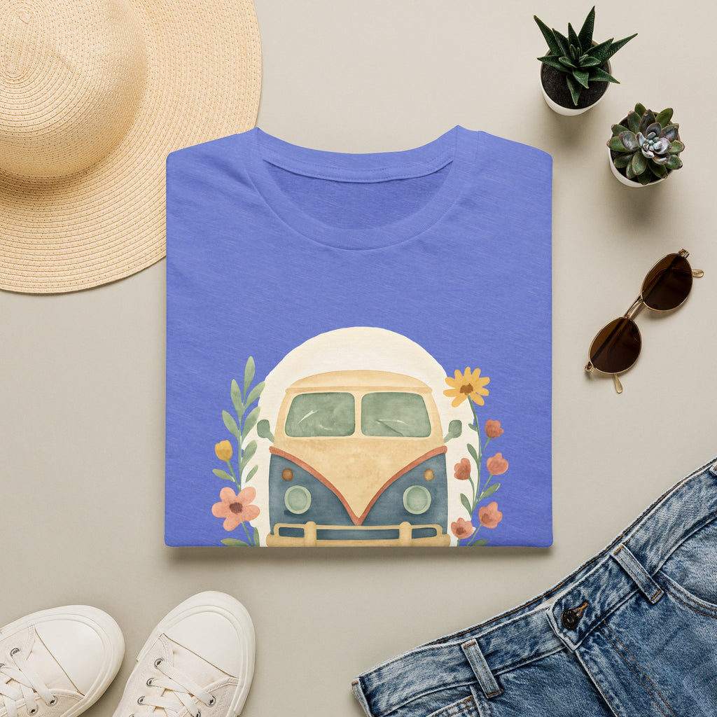 Floral Camper Van 2 T-Shirt in Heather Royal, folded front flat lay.