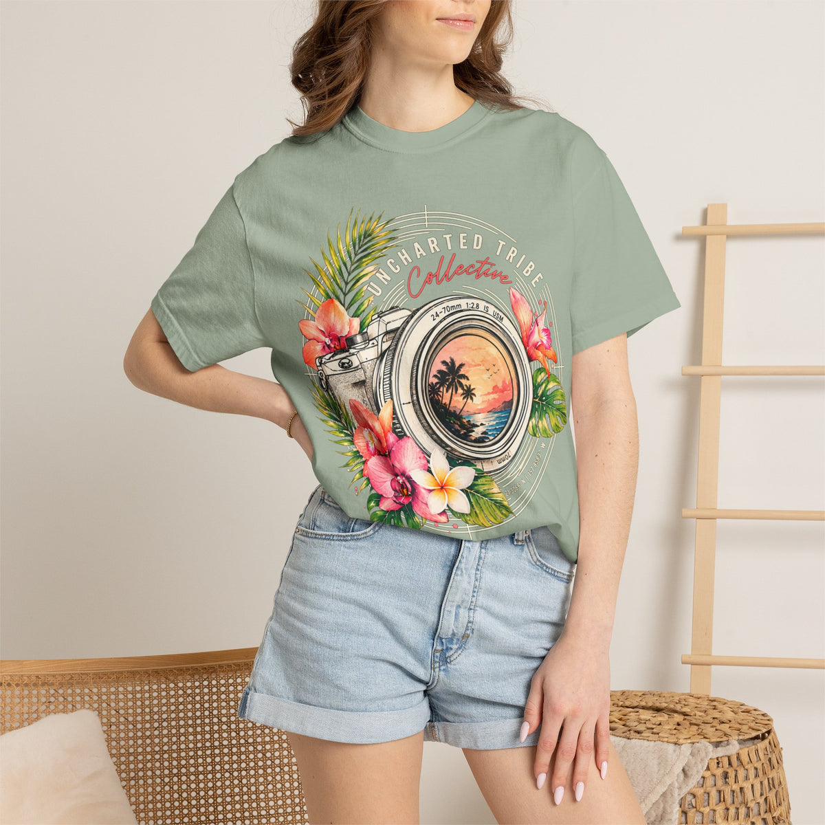 Floral Camera T-shirt in Bay, front view on a standing model.