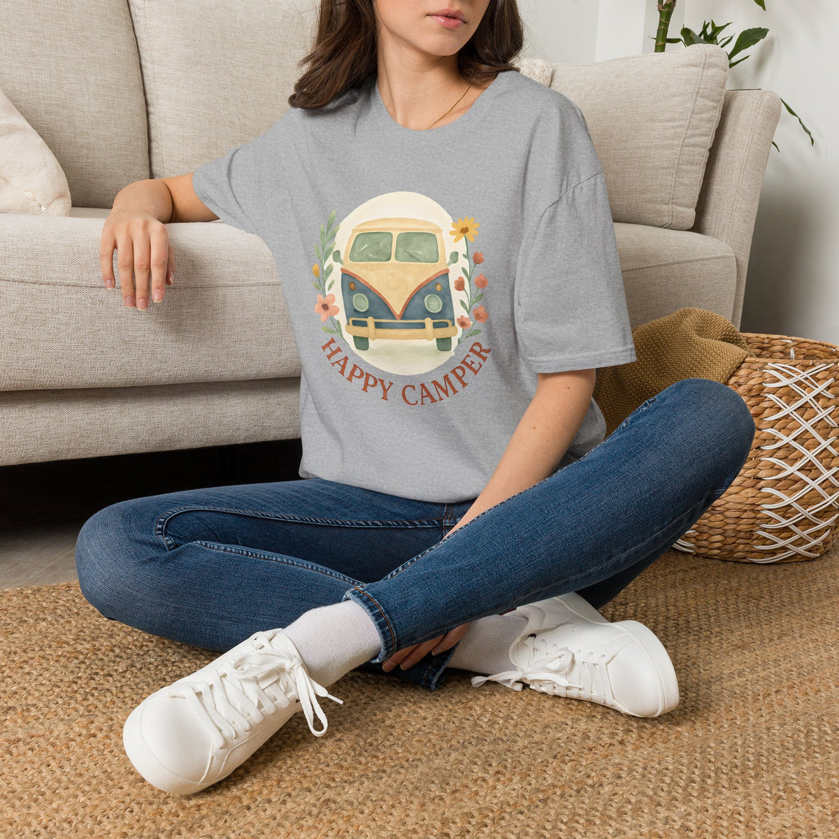 Floral Camper Van 2 T-Shirt in Sport Grey, front view on a seated model.