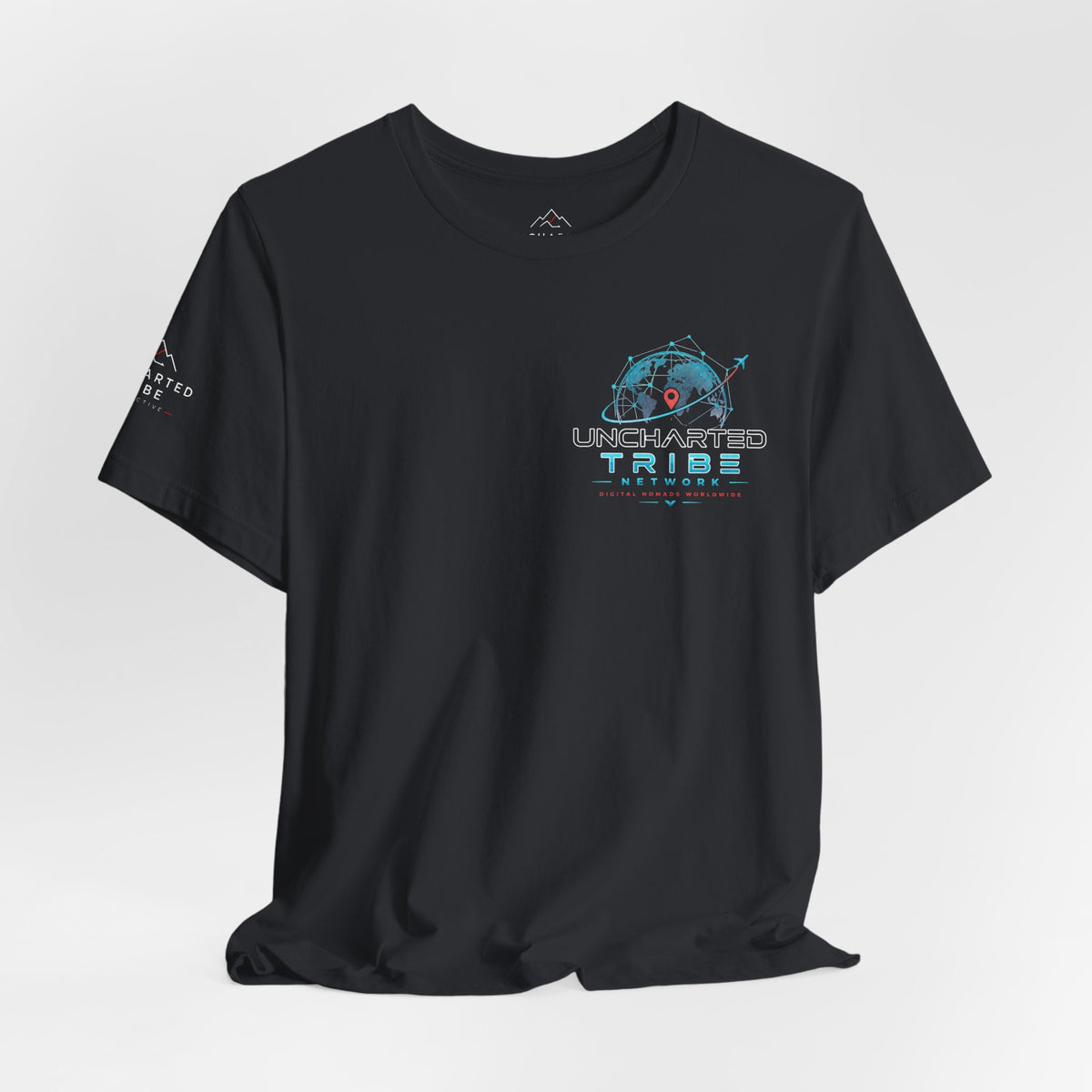Uncharted Tribe Network — Cyber Tee in Vintage Black, hanging front view with small chest graphic.