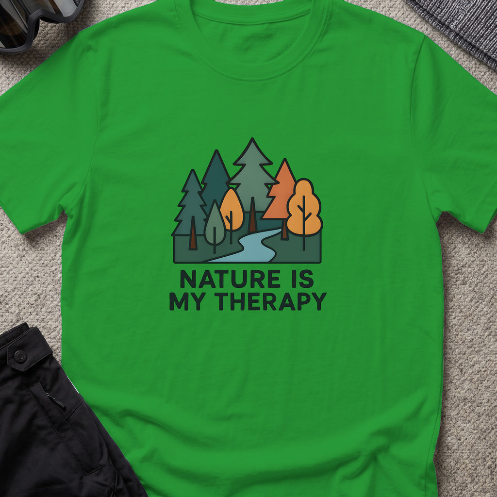 Nature Is Therapy T-Shirt in Irish Green, front view.