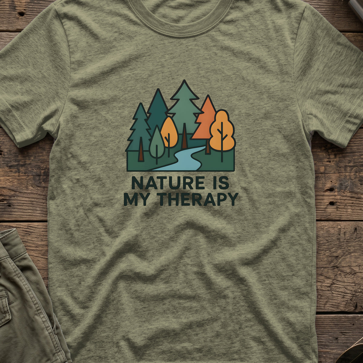 Nature Is Therapy T-Shirt in Heather Military Green, front view.