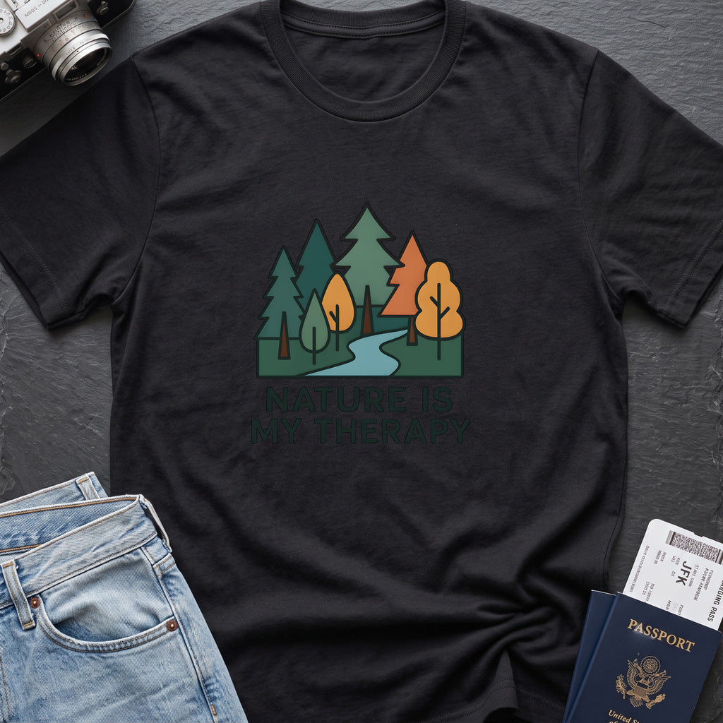 Nature Is Therapy T-Shirt in Black, front view.