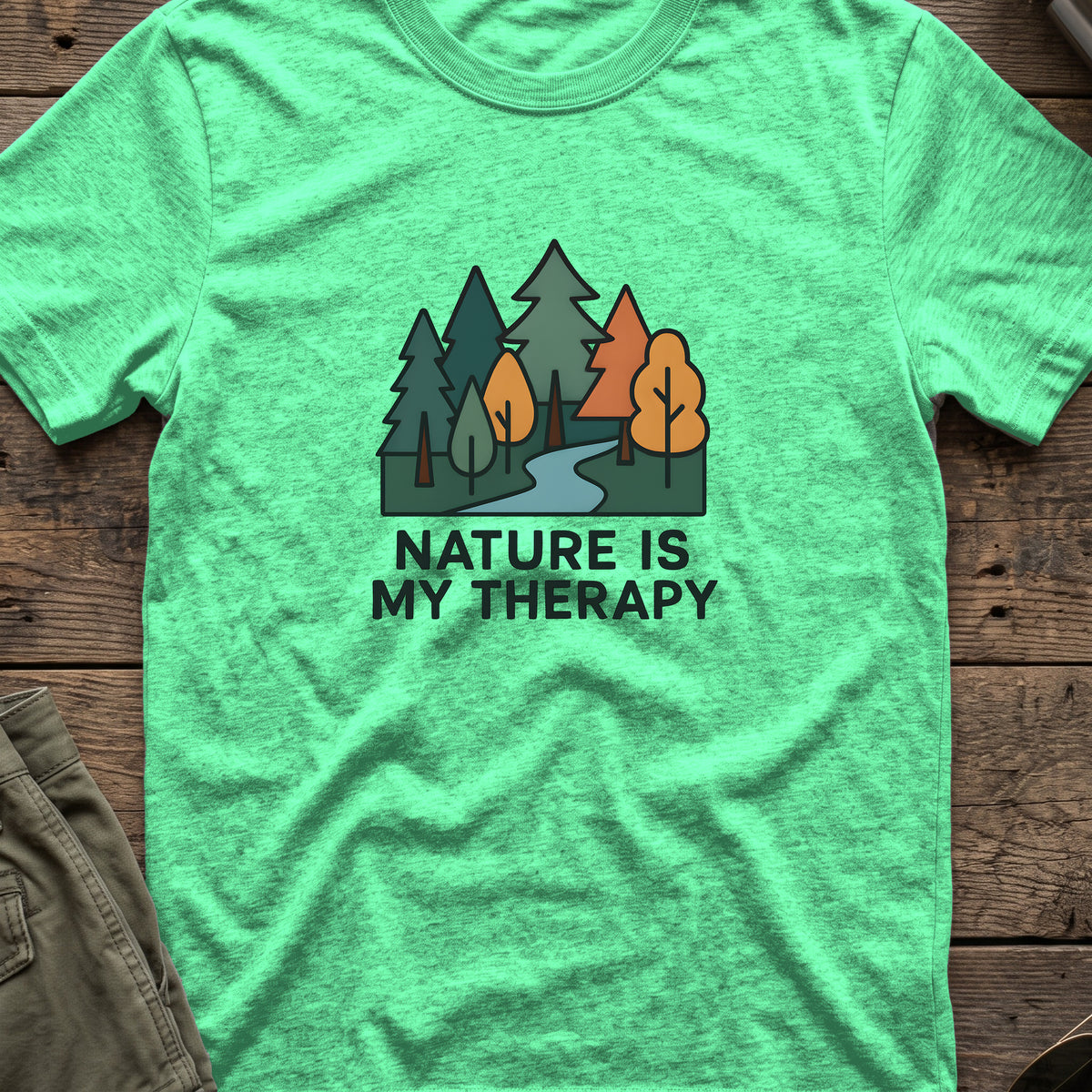Nature Is Therapy T-Shirt in Heather Irish Green, front view.