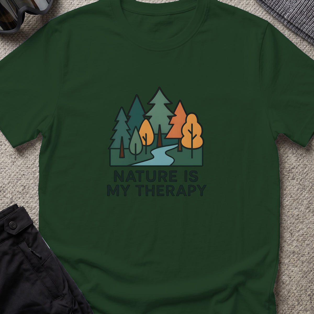 Nature Is Therapy T-Shirt in Forest Green, front view.