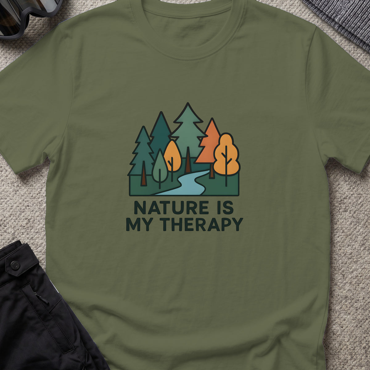 Nature Is Therapy T-Shirt in Military Green, front view.