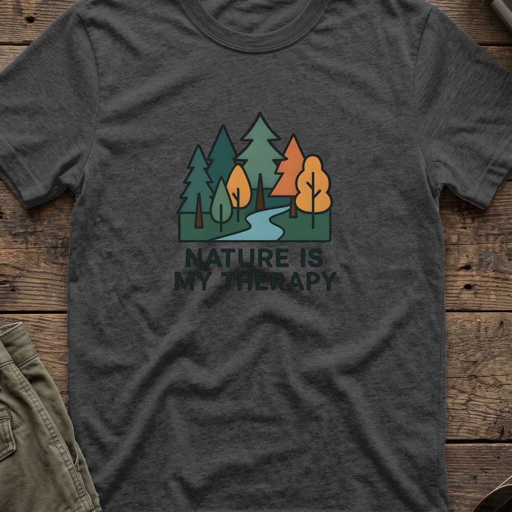 Nature Is Therapy T-Shirt in Dark Heather, front view.