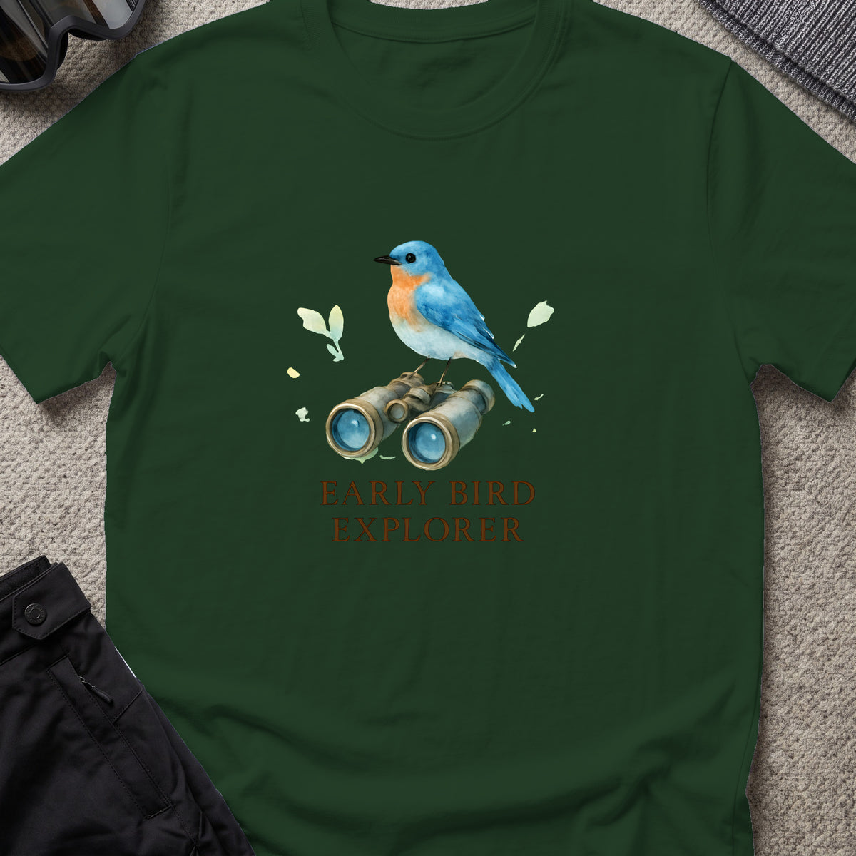Early Bird Explorer T-Shirt in Forest Green, front view.