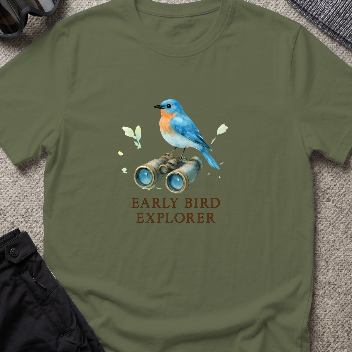 Early Bird Explorer T-Shirt in Military Green, front view.