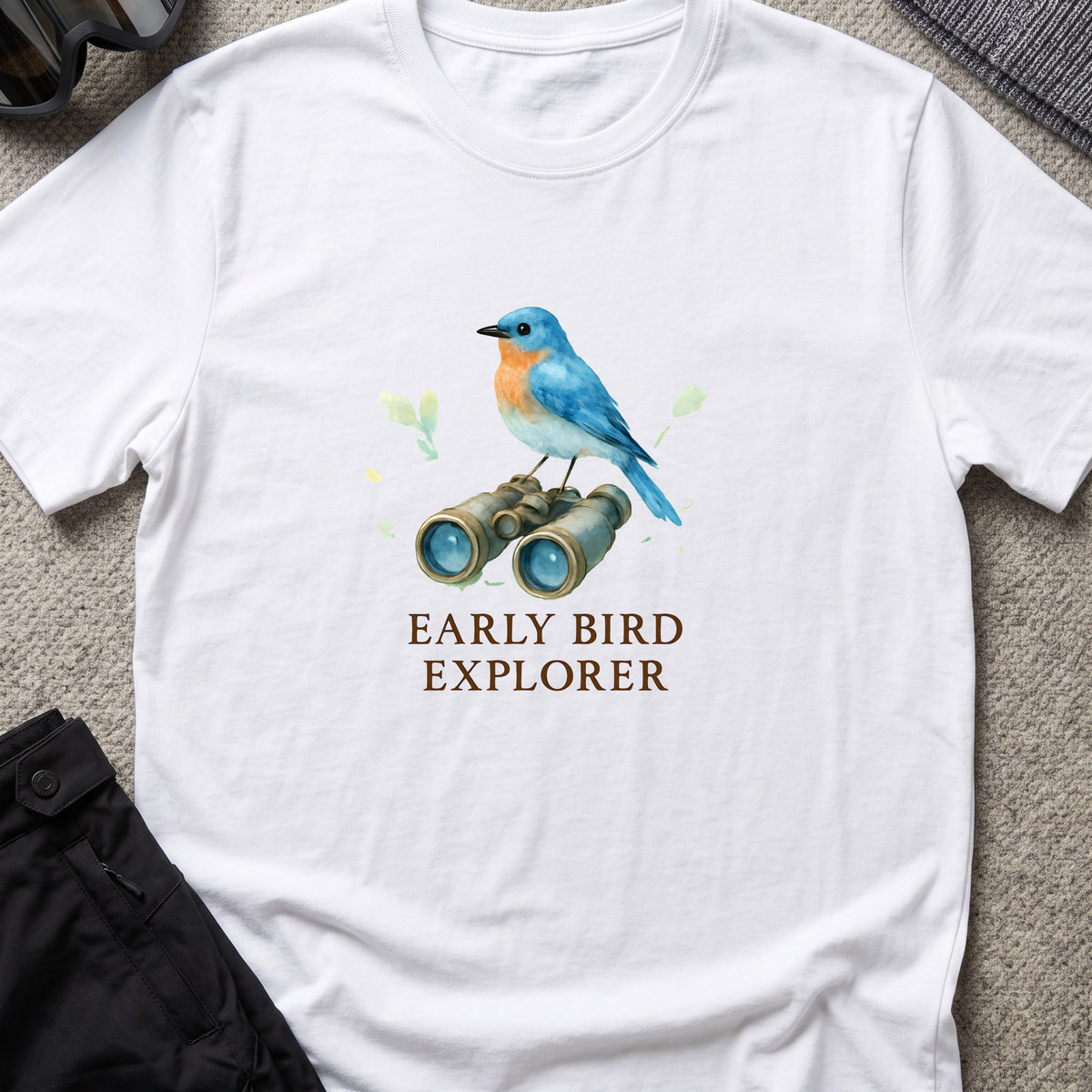 Early Bird Explorer T-Shirt in White, front view.