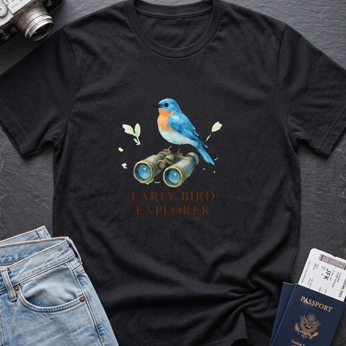 Early Bird Explorer T-Shirt in Black, front view.