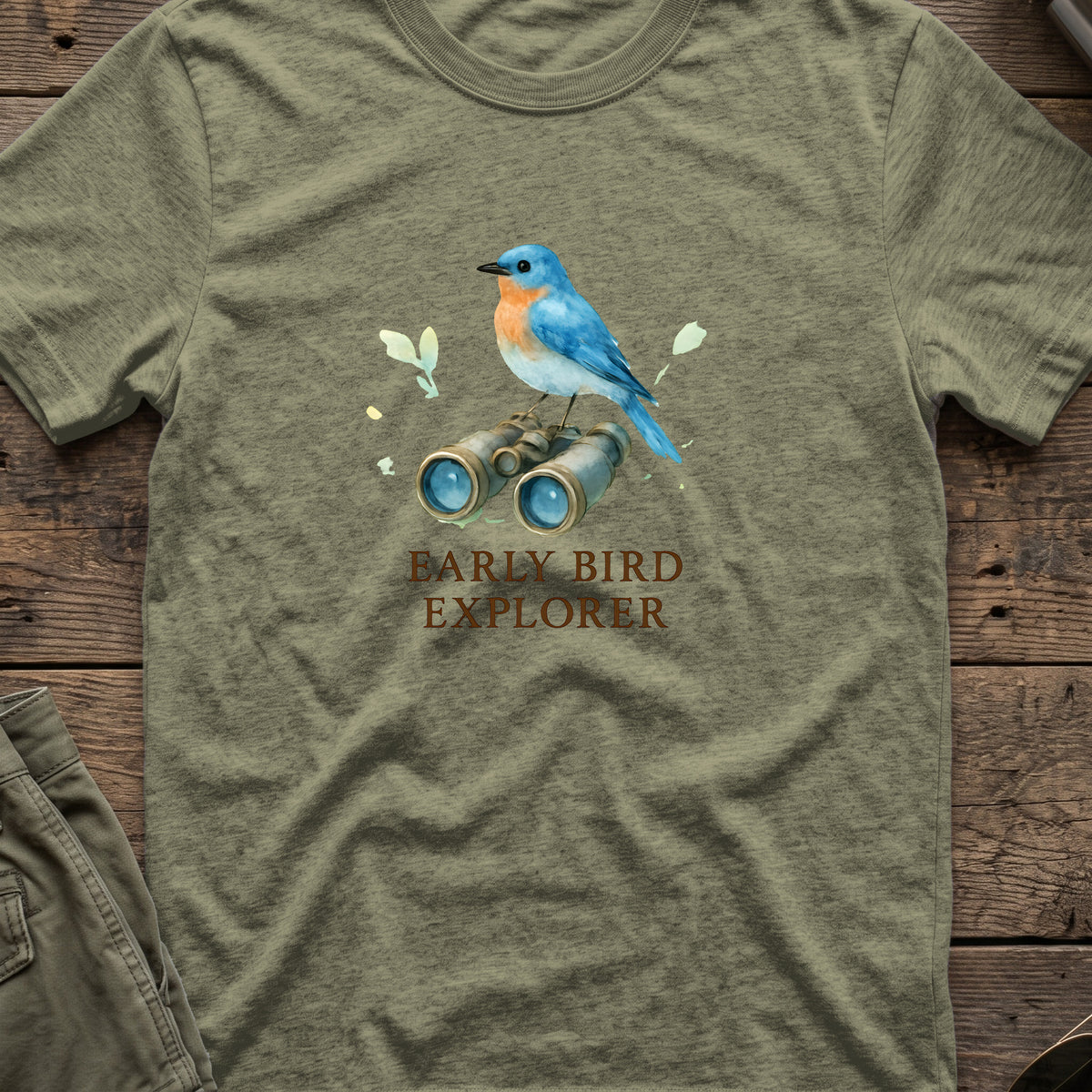 Early Bird Explorer T-Shirt in Heather Military Green, front view.