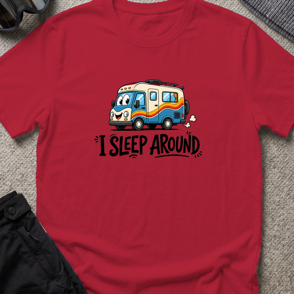 I Sleep Around T-Shirt in Antique Cherry Red, front view.