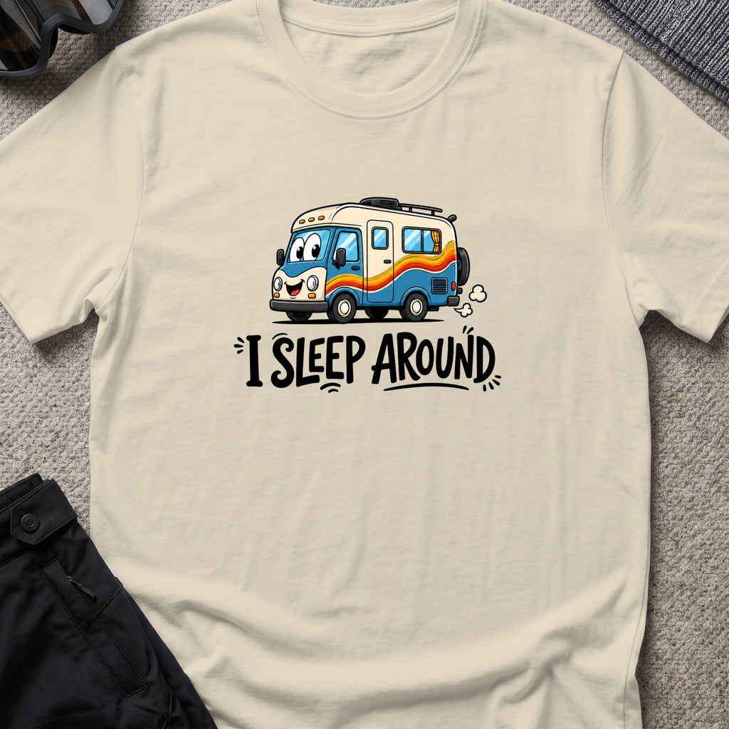 I Sleep Around T-Shirt in Sand, front view.