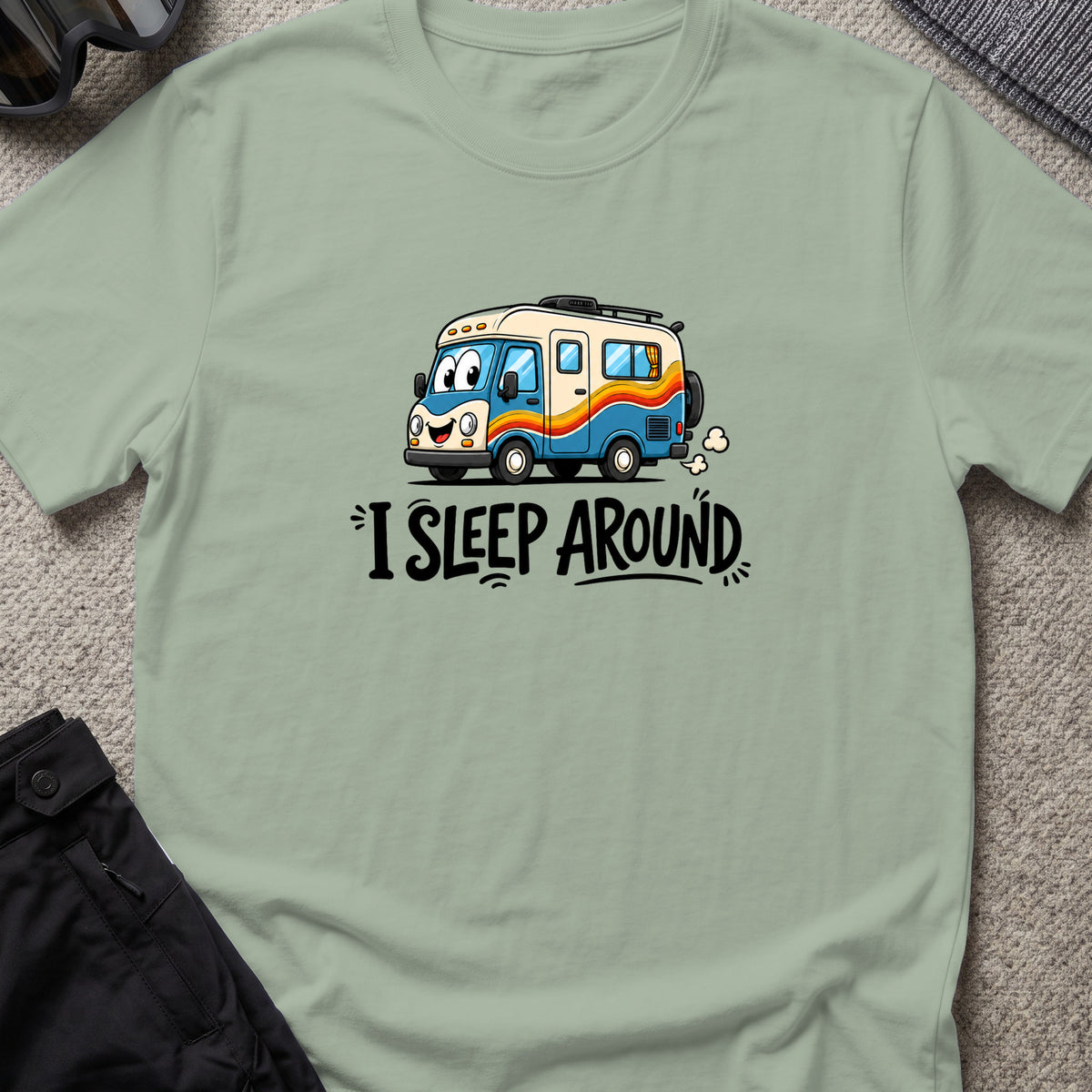 I Sleep Around T-Shirt in Sage, front view.